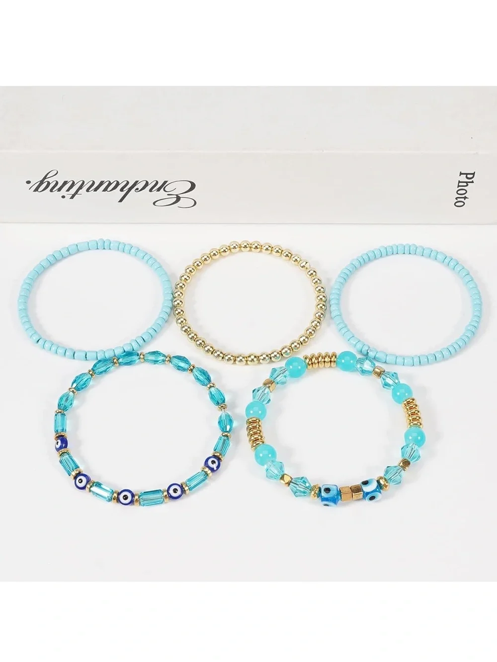 Turquoise Beaded Stack Bracelet Set with Gold Accents